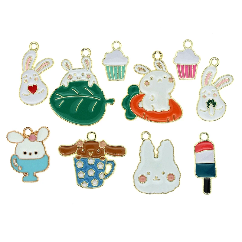 10pcs/lot Dog in The Cup Cute Cake Rabbit Head Love Radish and Greens Cute Enamel Charms For Metal Earrings DIY Jewelry Making