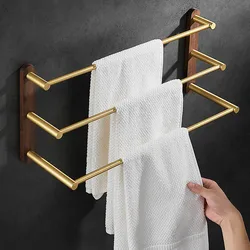 Tuqiu Towel Hanger Nail Free 38-48 CM Towel Rack Bathroom Wood and Aluminum Brushed Gold Towel Bar Rail Three Bars Towel Holder