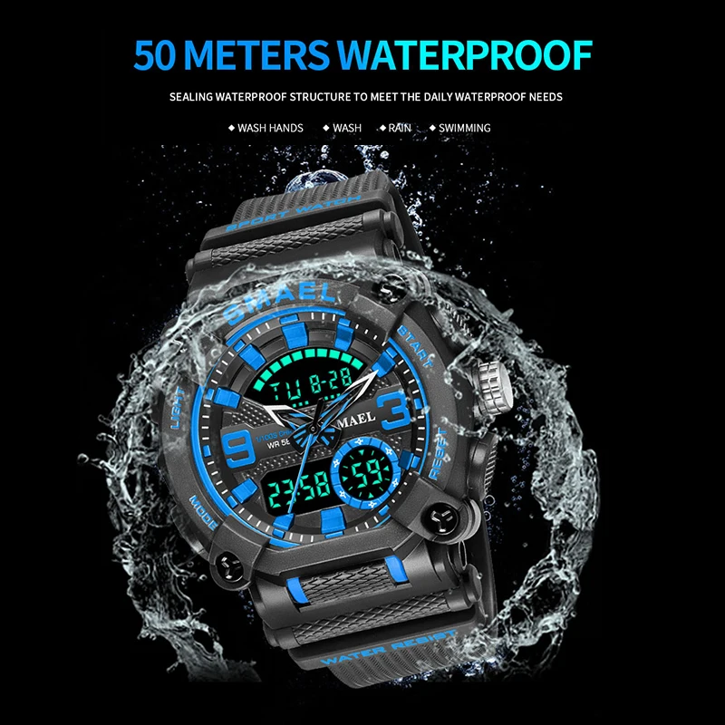 Military Watch Army Sports 50M Waterproof Big Dial Clock LED Light Week Display Quartz Wristwatch Digital 8052 Sport Watches Men