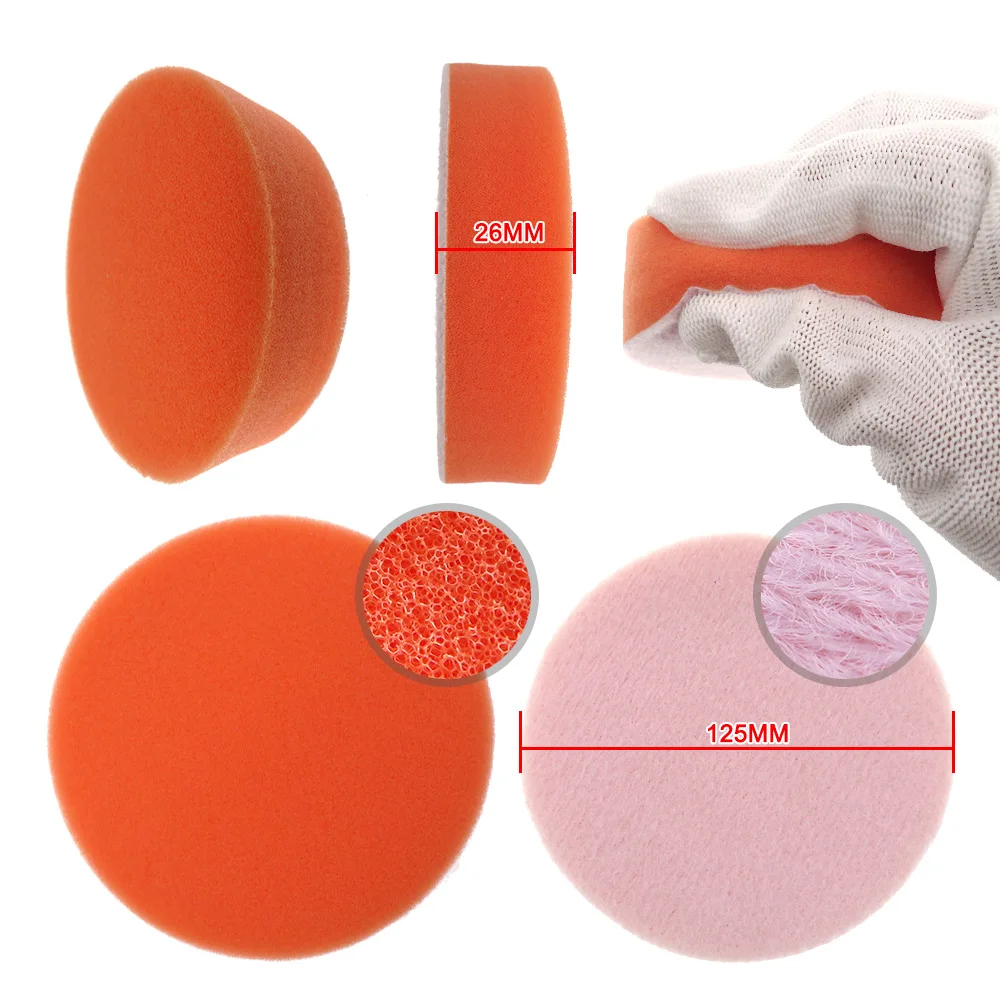 5Pcs 5 inch 125MM Buffing Sponge Pad Orange Sponge Rubbing Ruber Scouring Pad All Purpose for Car Bathroom Kitchen