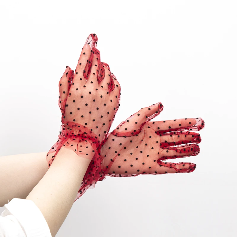 1 Pair Sexy Lace Gloves Dot Fashion Driving Women Short Tulle Stretchy Lotus Leaf Sheers Flexible Mesh Wedding Full Finger Glove