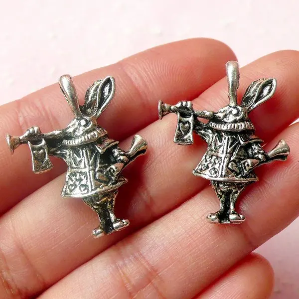 4pcs 3D Wonderland / Bunny Rabbit Charms (28mm x 22mm / Tibetan Silver / 2 Sided) Pendant Bracelet Zipper Pulls Keychain