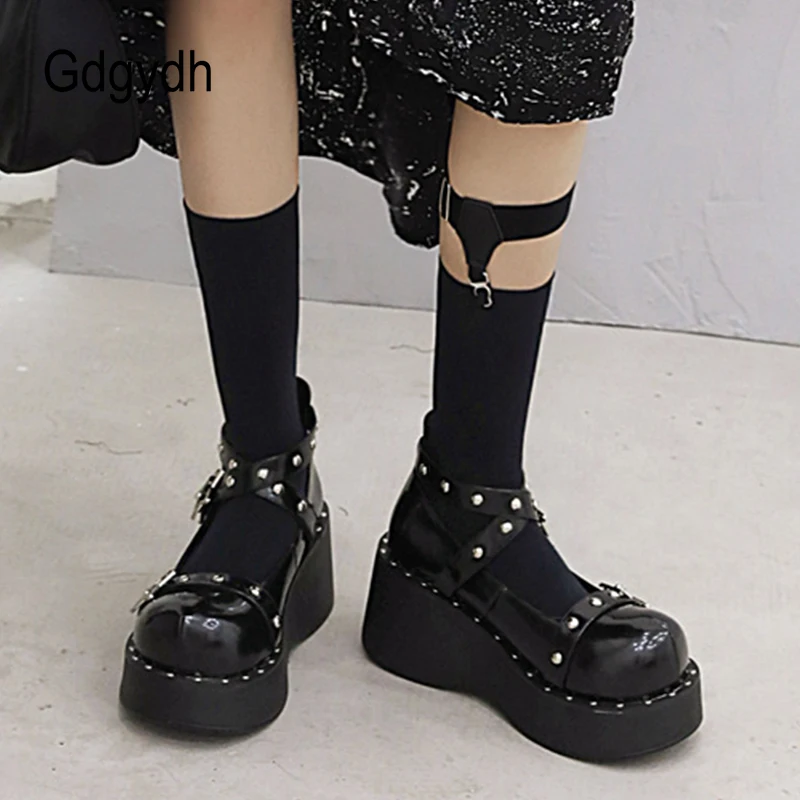 Gdgydh Autumn New Women Single Shoes Gothic Rivets Rhinestone Cosplay Female Pumps Black Lolita Mary Janes Wedges Shoes Platform