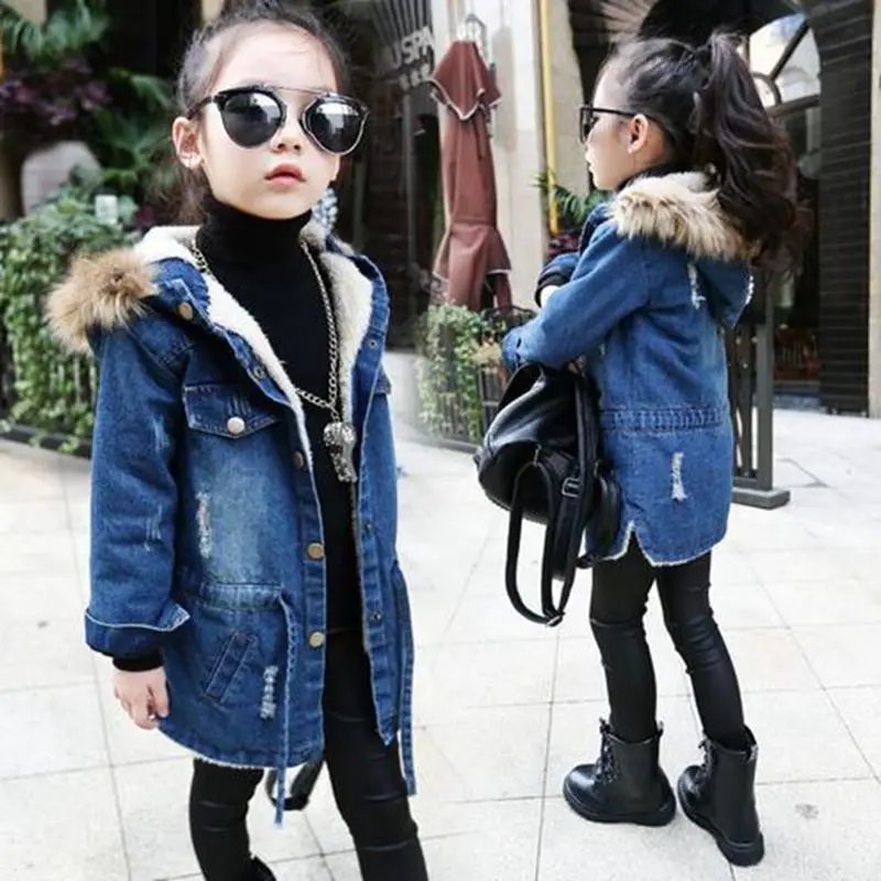 

Kids Denim Jackets For Girls Winter Children's Thick Windbreaker Coat Hooded Fur Warm Outerwear Long Jacket Jean Coats Clothing