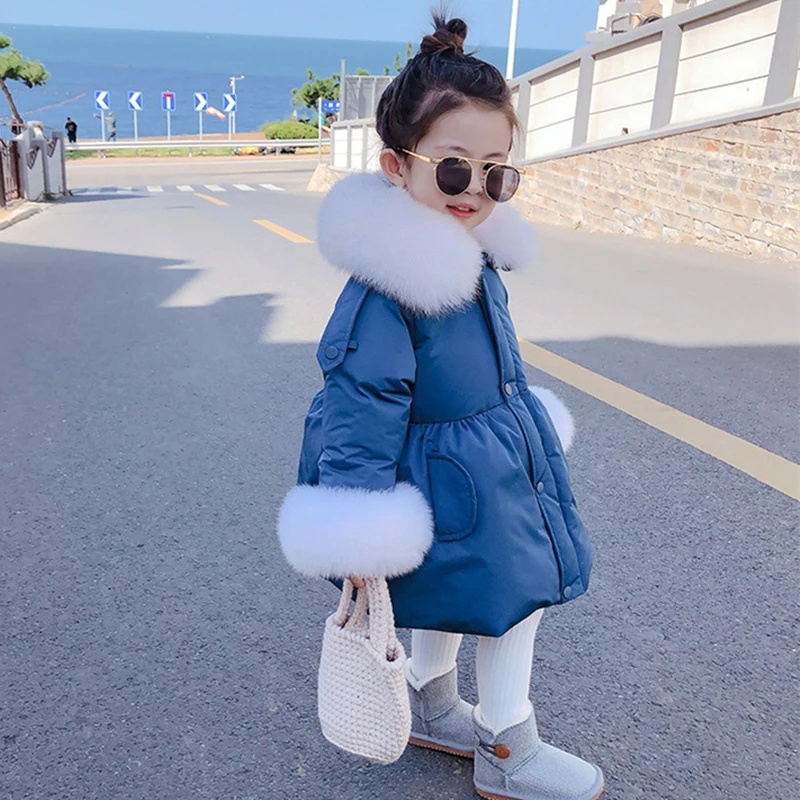 2021 New Girls Winter Coat Faux Fur Collar 2-6 Years Old Kids Snowsuit Thick Warm Fashion Outwear Jackets