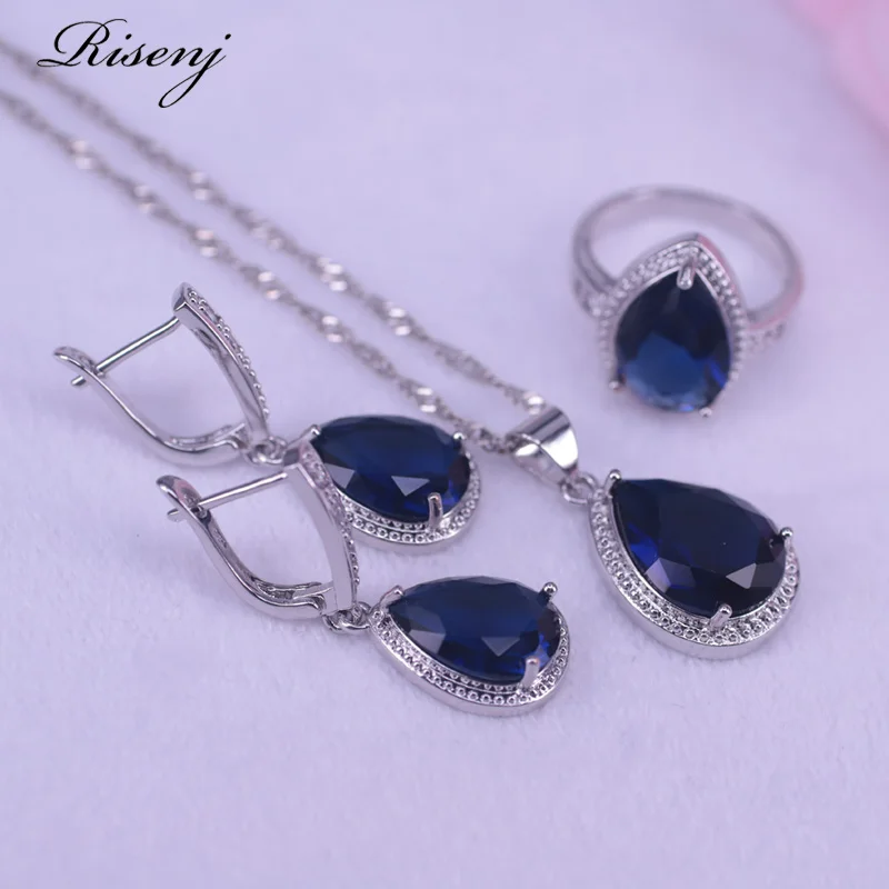 Wholesale Hot sale Blue Stone Big Water Drop Silver Color 925 Costume Jewelry Set For Women Earrings Necklace Ring Set In Shop