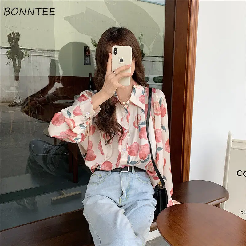 Shirts Women Retro College Female Peach-printed Breathable Single-breasted Spring Button Straight Long-sleeve Vintage Chiffon