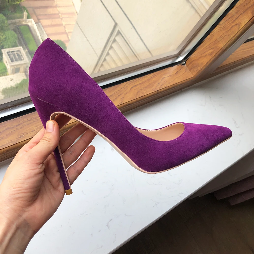 Tikicup 8cm 10cm 12cm Women Solid Purple Flock Pointy Toe High Heels Elegant Ladies Gorgeous Stiletto Pumps Party Dress Shoes