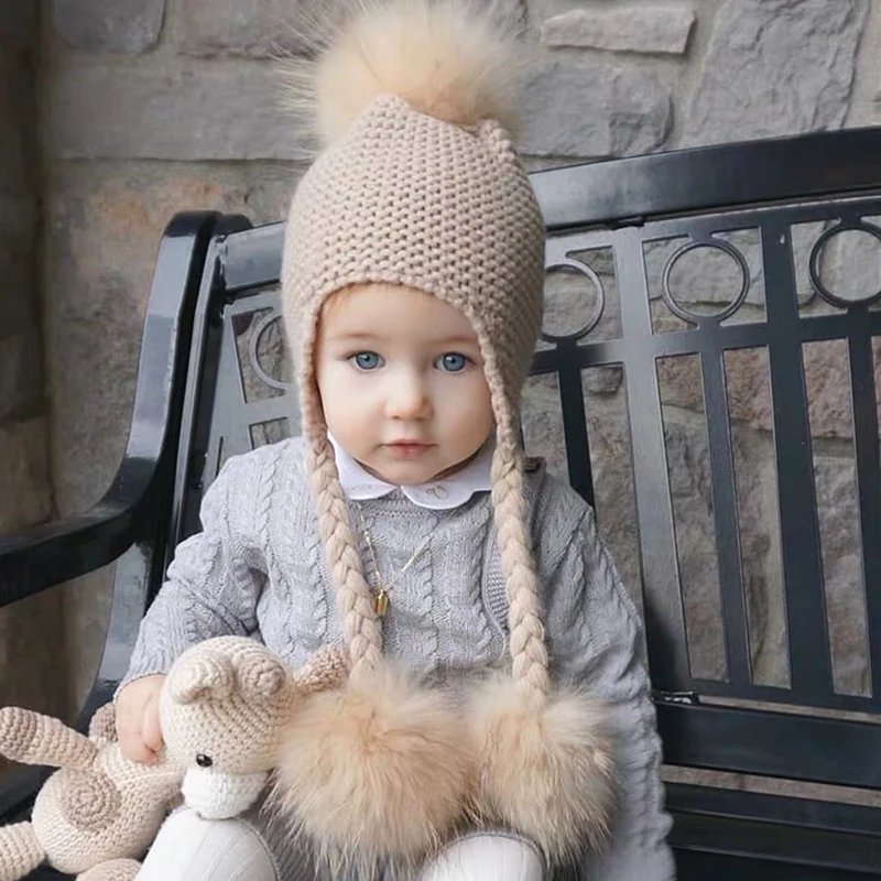 Inverno bebê gorro chapéu crianças earflap boné crianças 3 pompom pele lã chapéu natural pele real pom pom chapéu para meninas meninos