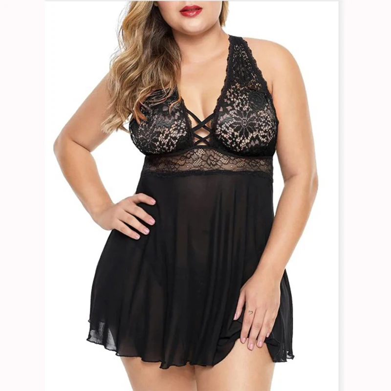 

Sexy Erotic Lingerie Women Lace Hollow-out Halter Night Dress Plus Size Pijama Sleepwear See Through Underwear Night Gown 6XL