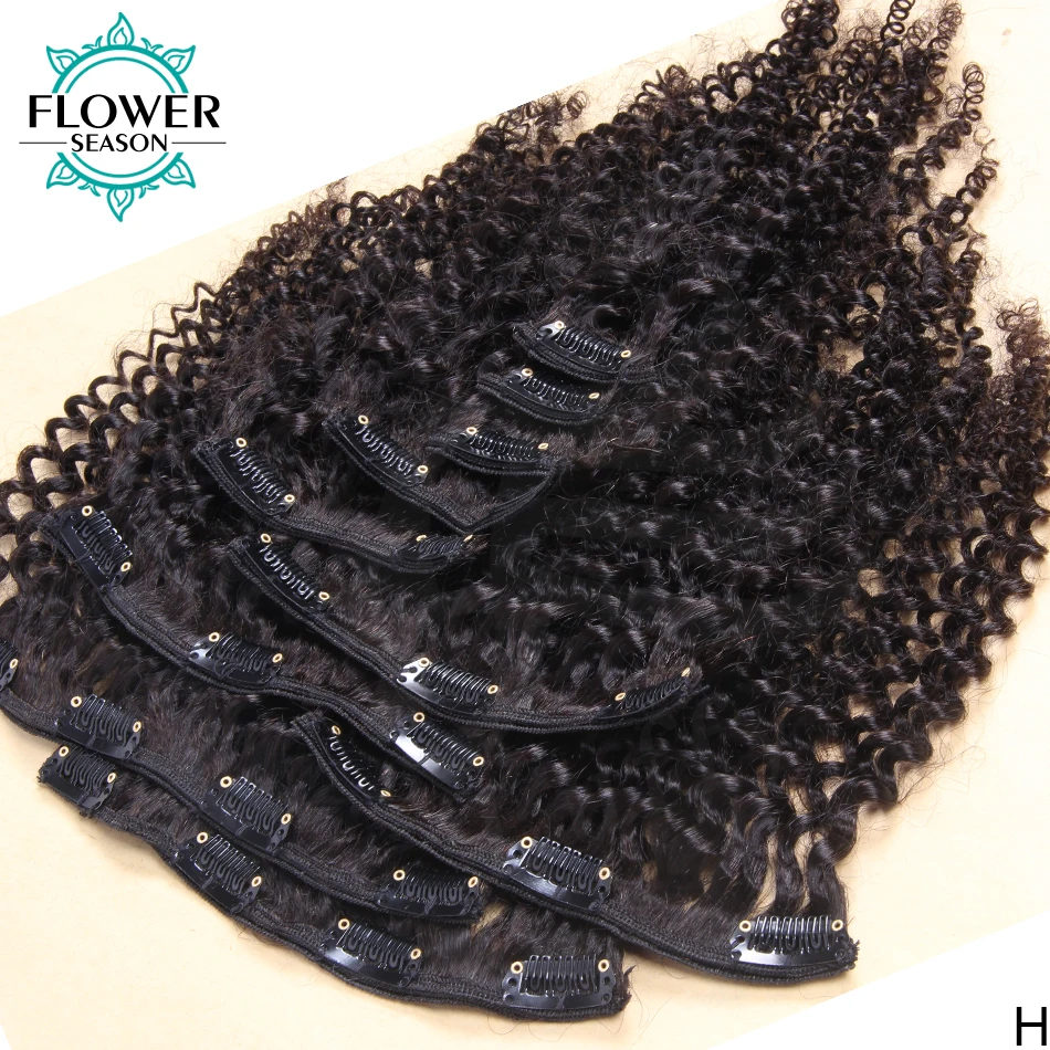 Clips In Human Hair Afro Kinky Curly Clip In Hair Extensions Brazilian Remy 100g/Set Natural Color Curly Hair FlowerSeason