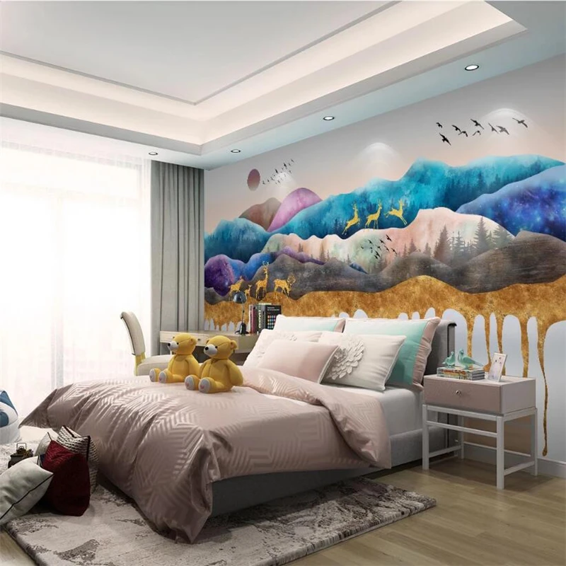 Customized Wallpaper 3d New Chinese Ink Landscape Zen Bird Sunrise TV Background Wall Living Room Bedroom Mural papel de parede