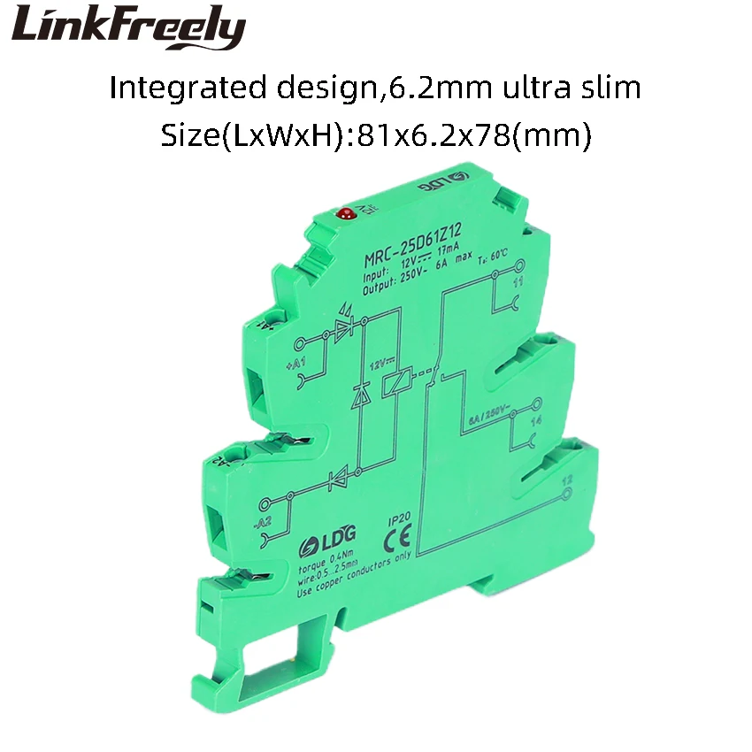 MRC-25D61Z12 Electromagnetic Contact Relay Module 12VDC Coil 6A 250VAC/DC Out Electric Voltage Interface Relay Board Switch Din