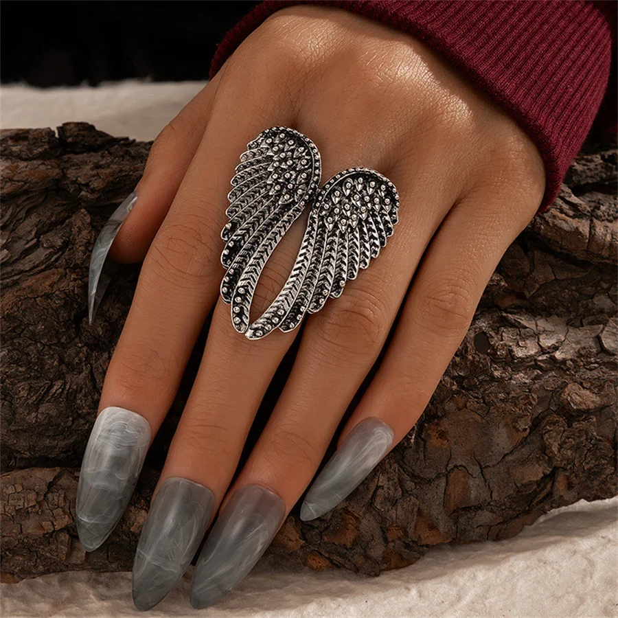 New Vintage Silver Angel Wing ring fashion feather gold colour metal ring punk geometric alloy men\'s and women\'s Gothic jewelry