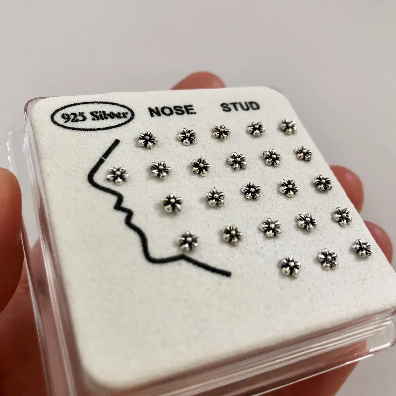 24pcs 925 Sterling Silver Vintage balck flower Nose Rings & Studs Piercing Jewelry For Women Wholesale New