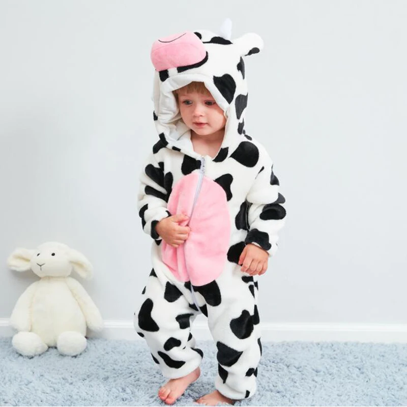 Hot Kawaii Baby Cow Autumn Animal Pajamas Long Sleeve Cute Anime Rompers Hooded For Boys Girls  Warm Cotton Jumpsuit Clothes