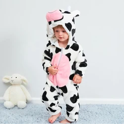 Hot Kawaii Baby Cow Autumn Animal Pajamas Long Sleeve Cute Anime Rompers Hooded For Boys Girls  Warm Cotton Jumpsuit Clothes