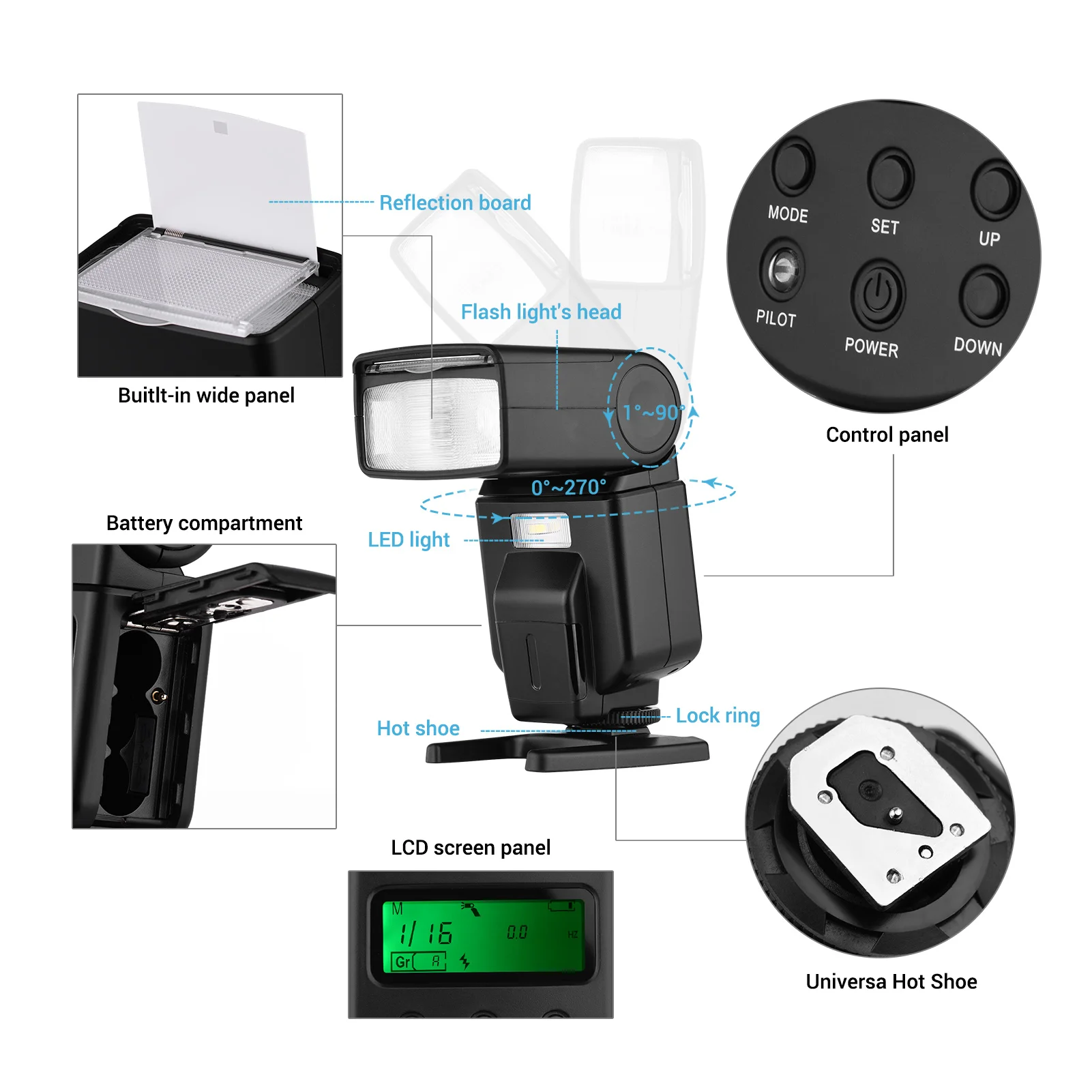 Andoer Camera Flash Speedlite With Adjustable LED Fill Light Universal Flash for Canon Nikon Olympus Pentax Cameras