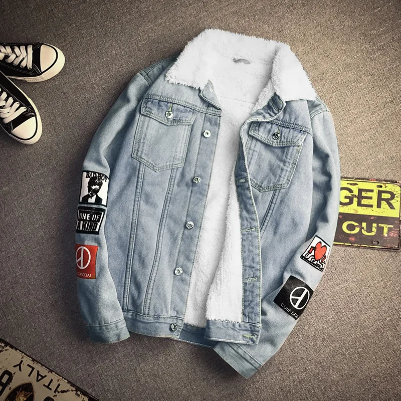 Denim Jacket Men  Leisure Coat Trend of Cultivate One's Morality Add Wool Upset  Print Streetwear New Winter Fashion Trends