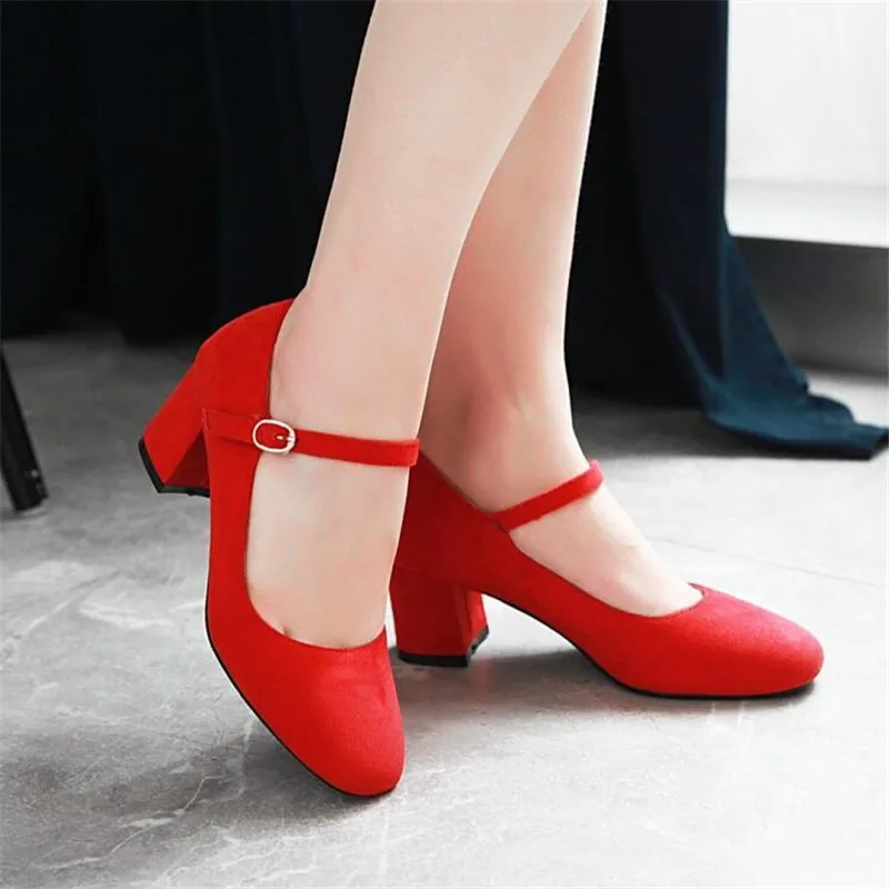 Girls Shoes New Women Pumps Solid Buckle Round Toe Lolita Shoes Square Heel Wedding Party Shoes Ladies High Heel Shoe Plus Size