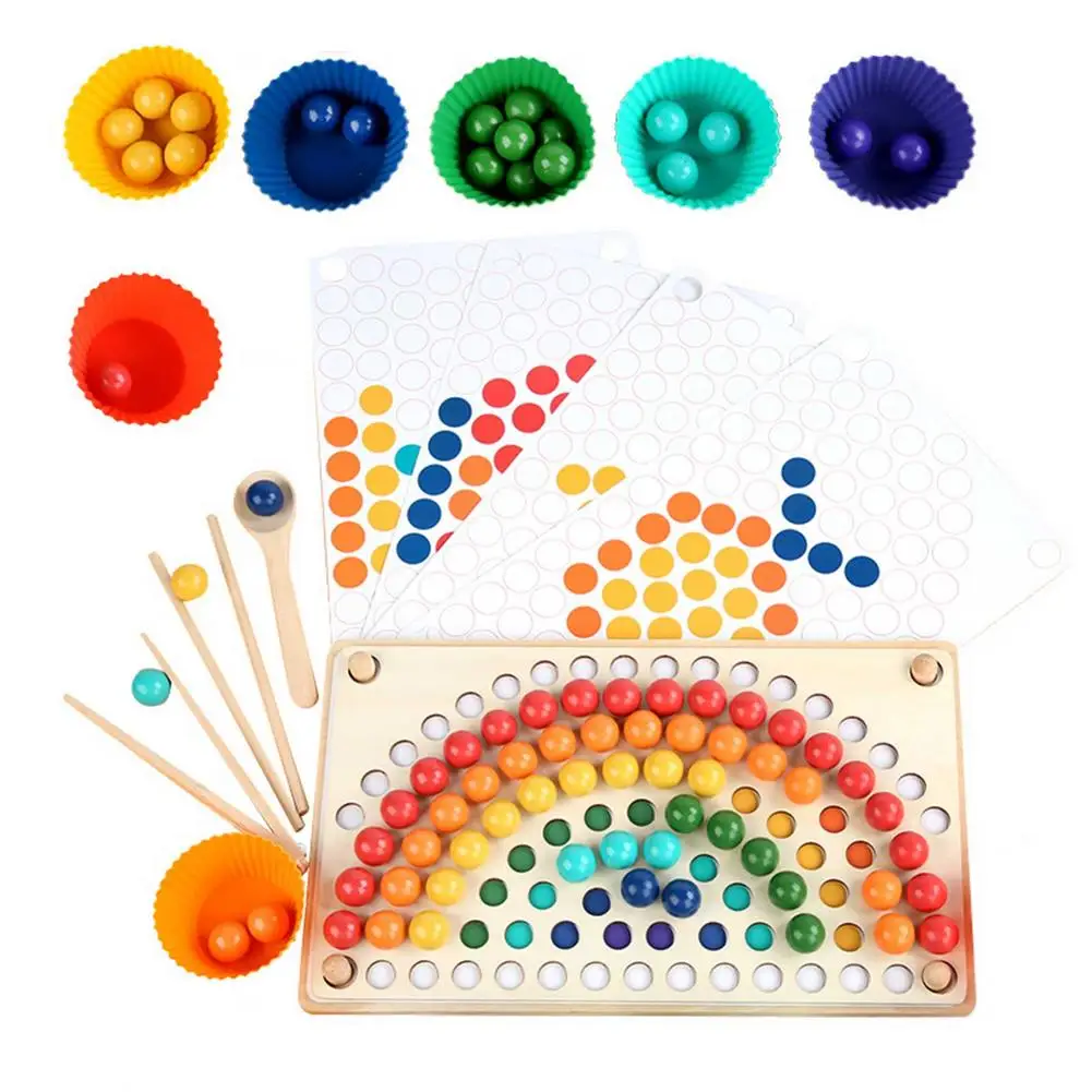 Rainbow Wooden Clip Go Game Set Dot Bead Board Game Toy Rainbow Clip Bead Hand-Eye Coordination Montessori Educational Toys