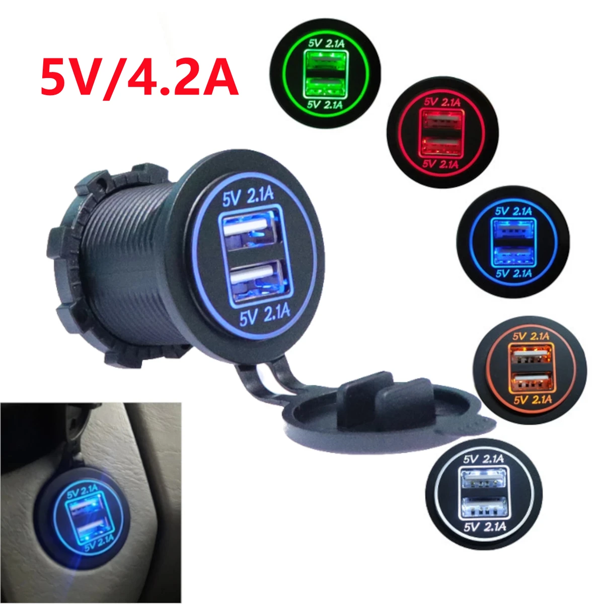 Dual USB Charger Socket 5V 4.2A 2.1A Fast Charging Power Outlet Adapter 2 LED Ring for 12V 24V Car Motorcycle Truck ATV Boat RV