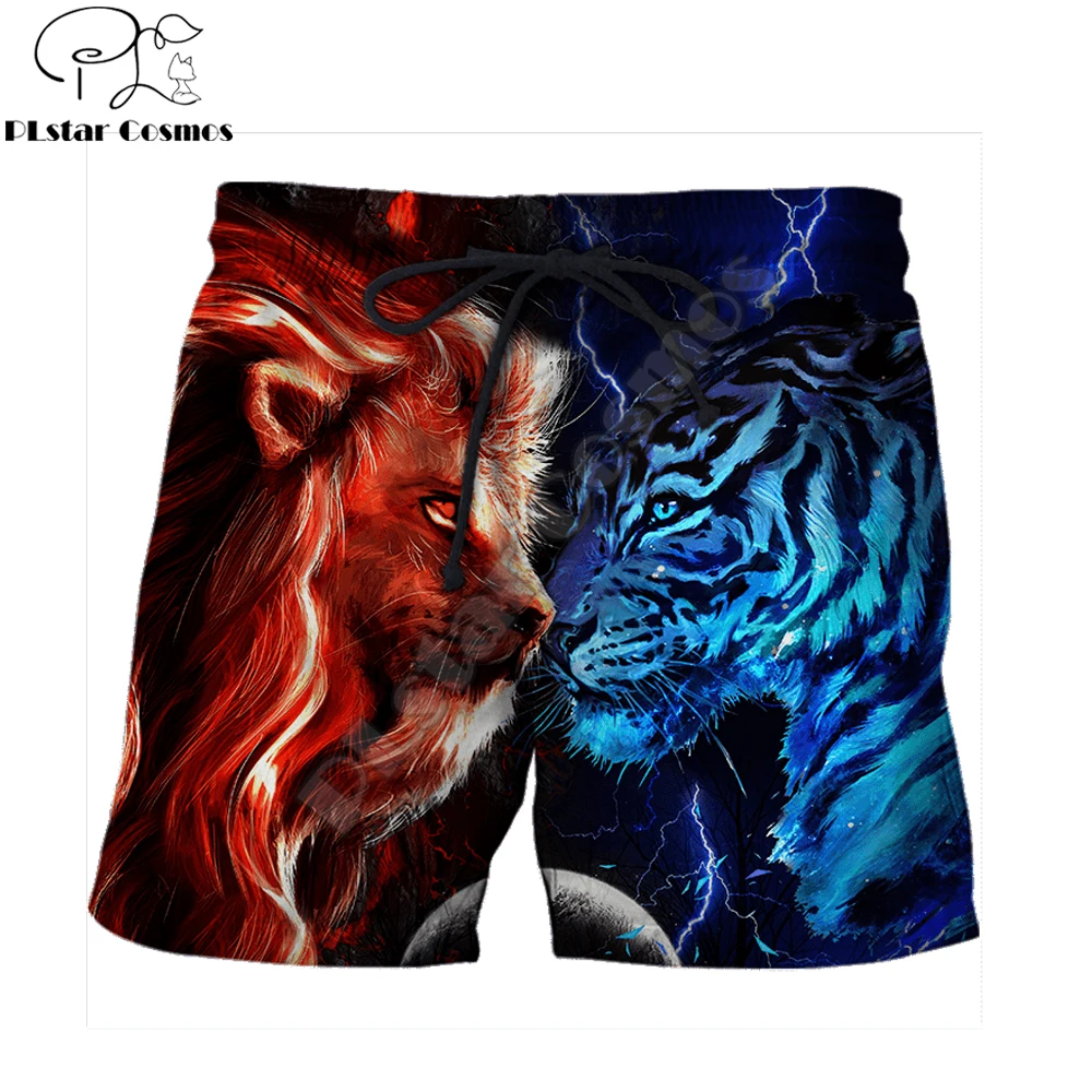 Tiger vs Lion Galaxy Lightning 3D Printed Mens Shorts Unisex Streetwear Shorts Summer Beach Harajuku Casual Shorts DK-12