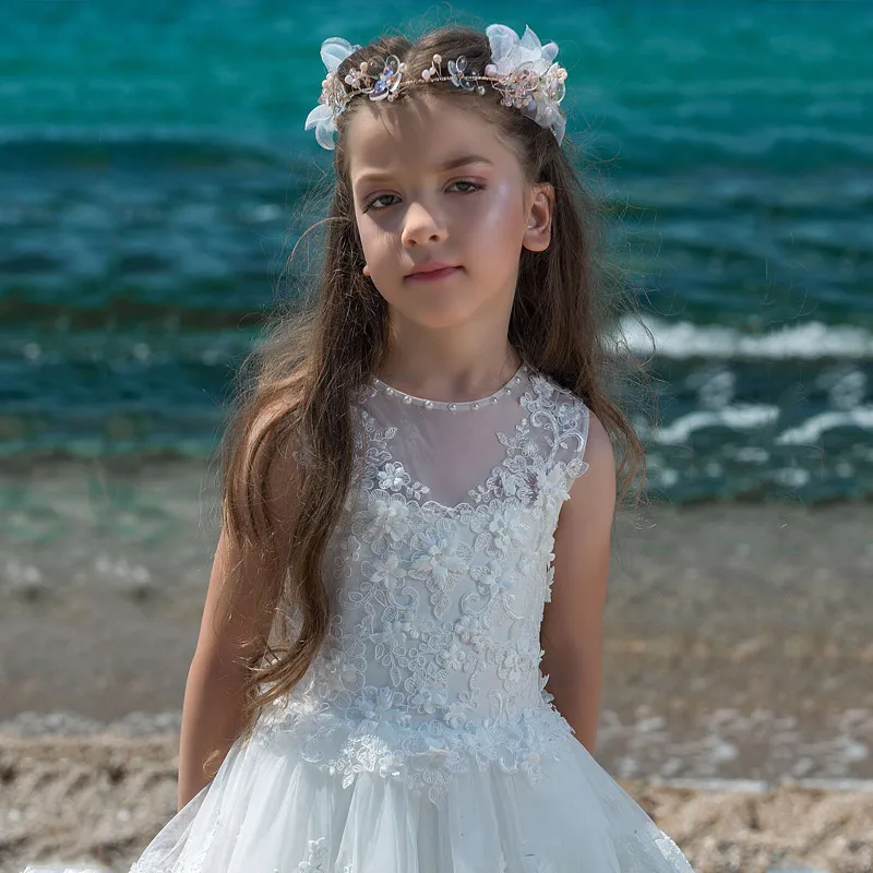 Elegante vestidos da menina de flor para o casamento tule o pescoço primeira comunhão vestidos sem mangas a linha do laço crianças vestidos de festa de casamento