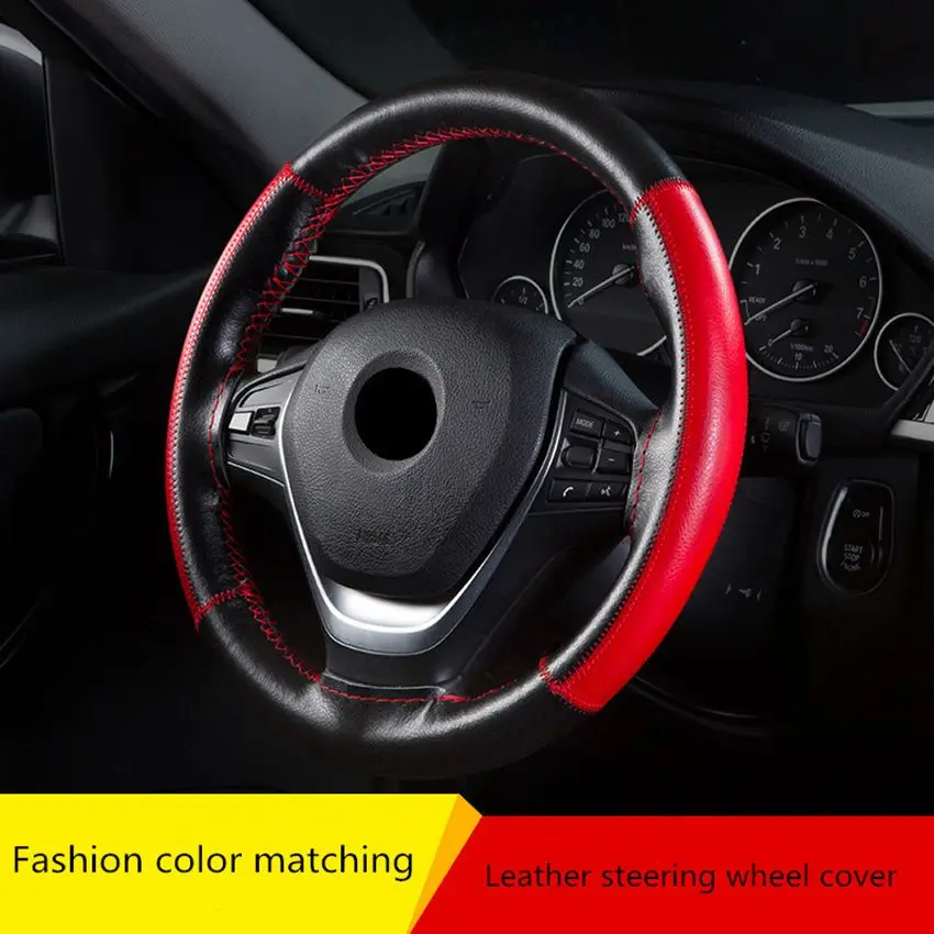 38 cm First layer cowhide car steering wheel cover Anti-slip O SHI CAR Steering-Wheel Braid Stitch On Wrap With Needle Thread