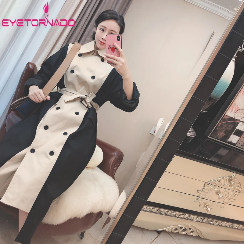 ผู้หญิงลำลองLong Trench Coat ContrastสีDouble Breasted Slim Classic Trenchทำงานเสื้อธุรกิจWindbreakerเสื้อกันฝน