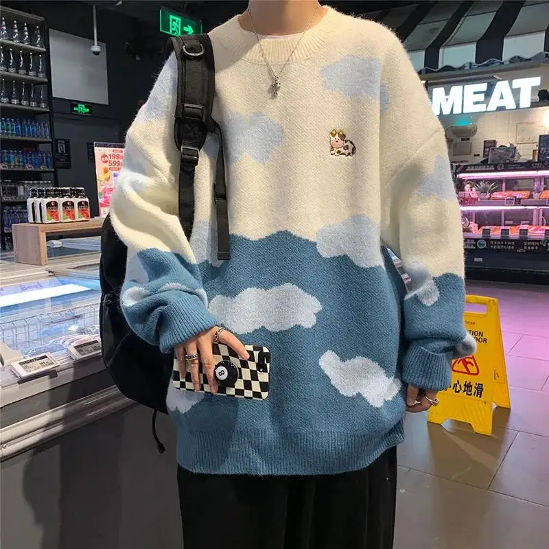 2021 Sky Blue Cute Cow Print Clouds Fashion Sweater Women Winter Clothes Oversized Couples Fashion Knitted Tops Harajuku Kawaii