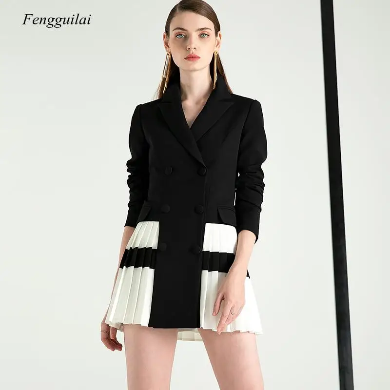 Fashion Black Suit Coat Women's New Design In Spring 2021 Elegant Double Breasted Pleated Office Party Suit