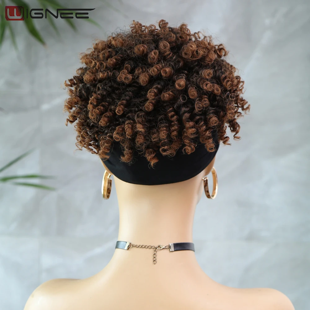 Wignee Afro Kinky Curly Wig Synthetic Ombre Wig Turban Wrap Headband Wigs For Black Women Curly Afro Puff Wigs For Women