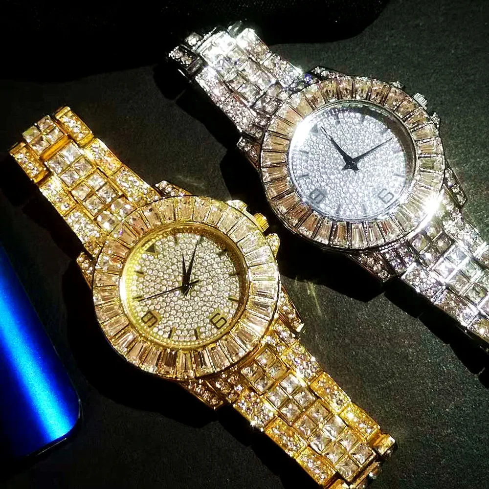 Iced Out-Reloj de pulsera de cuarzo para hombre y mujer, cronógrafo de lujo con diamantes dorados, sencillo, ostentoso, regalo