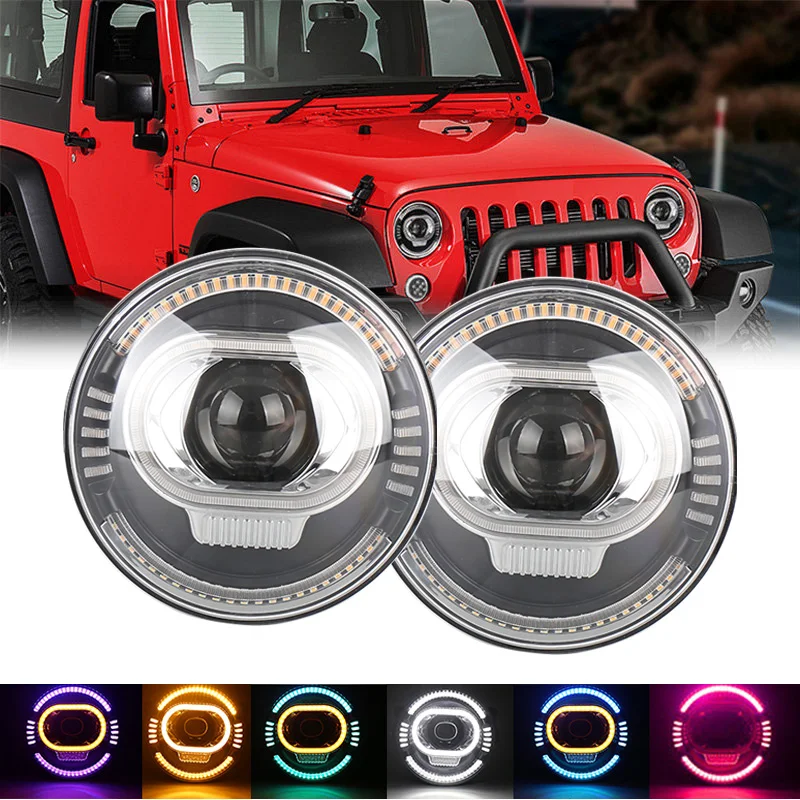 

7Inch LED Headlight HI/Low Beam DRL round light RGB daytime running light white yellow Controlled Halo Ring For Jeep Wrangler JK