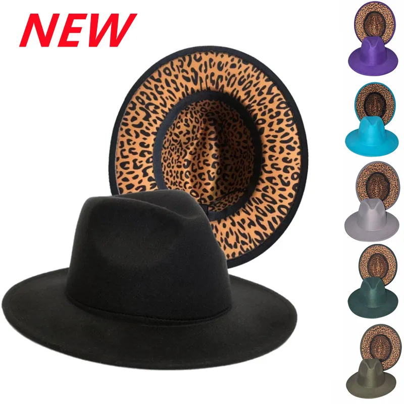 Lake blue fedora hat inner leopard print new Panama felt hat men and women jazz hat fedora hat blue female шапка женская