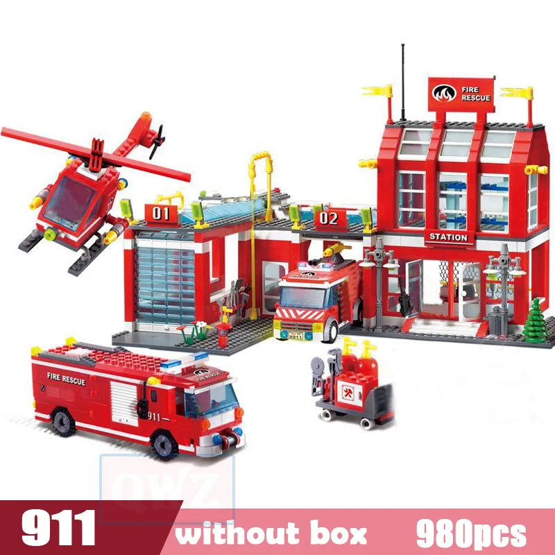 City Fire Station Building Blocks Truck Helicopter Boat Car Firefighter Bricks Assembled DIY Educational Toys For Children Gifts