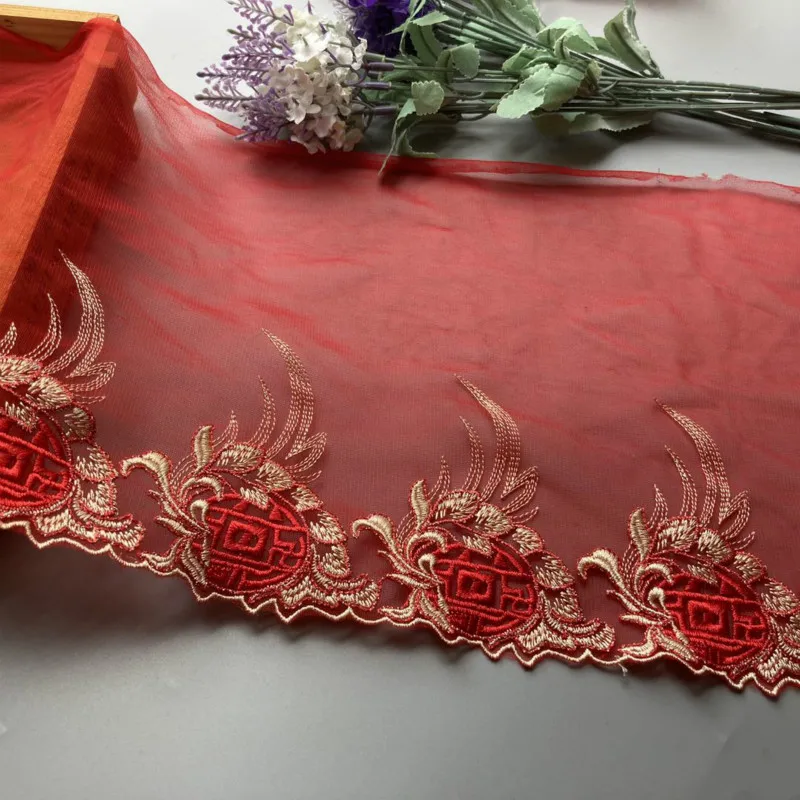 2yds/lot 25 CM Red Chinese Knot Fluorescent Lace Fabric Trim For Garments And Wedding Dress Embroidery High Quality African