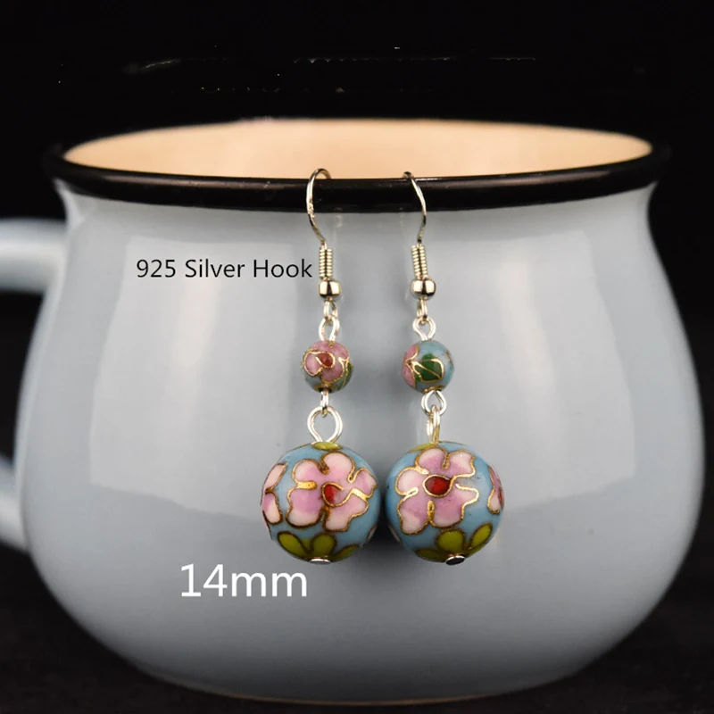 Hand Polished Enamel Filigree Flower 14mm Beaded Earrings 925 Silver Hook Cloisonne Eardrop Jewelry Ladies Ear Dangle Accessorie