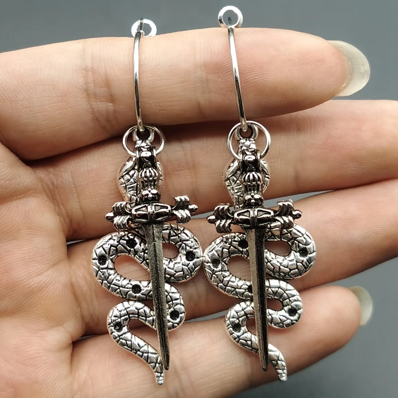 Big Dagger and Snake Crystal Dangle Earrings, Sword, Vampire Gothic Dagger Alternative Goth Witch Sword Jewelry