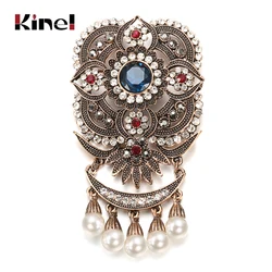 Kinel Ethnic Wedding Flower Bead Brooch Pin Old Gold Color Vintage Indian Jewlery Imitation Pearl Broches Brooches Bridal Gift