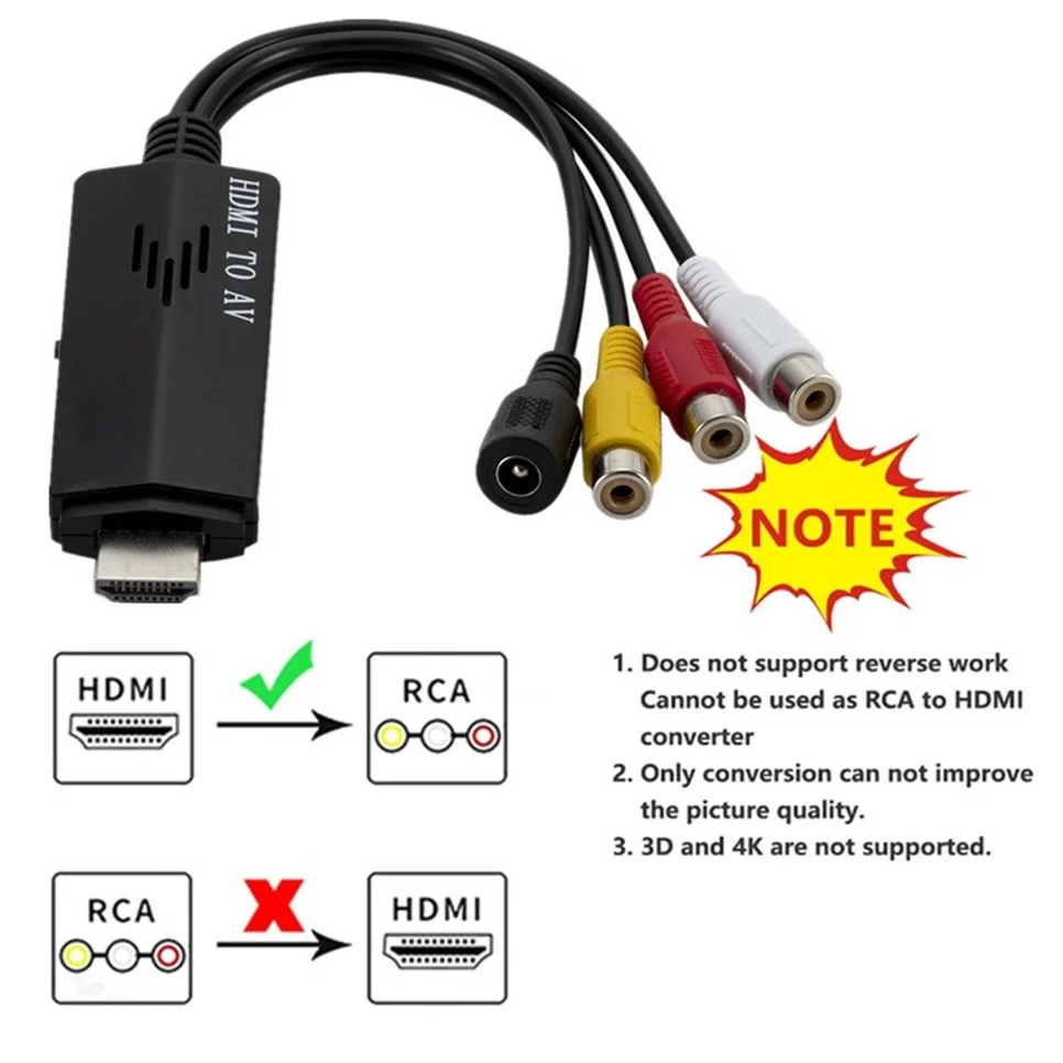 BGGQGG 1080P cable HD HDMI to AV RCA Black Converter Adapter Cable STB to Old TV Input port 1 x HDMI Output port 1 x RCA