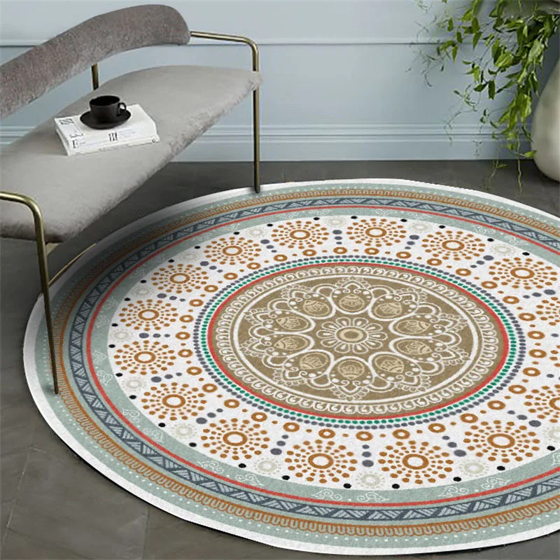 Enthnic Style Round Carpet for Living Room Retro Bohemian Floor Mat Anti Slip Geometric Simple Bedroom Chair Area Rugs 120cm