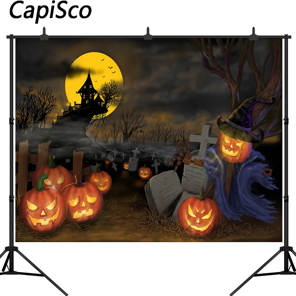 Capisco Halloween Backdrop Ghastly Cemetery Night Castle Pumpkin Photography Background Trick Or Treat Party Portrait Shoot