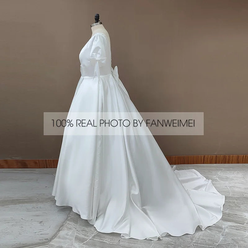 4294 # cetim colher vestidos de casamento bowtie elegante sem costas manga curta vestidos de noiva plus size vestido de casamento vestido de casamento