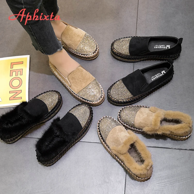 Aphixta Caldo Reale del Visone Della Pelliccia Scarpe Da Donna di Cristallo di Lusso A Mano Cuciture In Pelle Inverno Scarpe Donna Slip-on