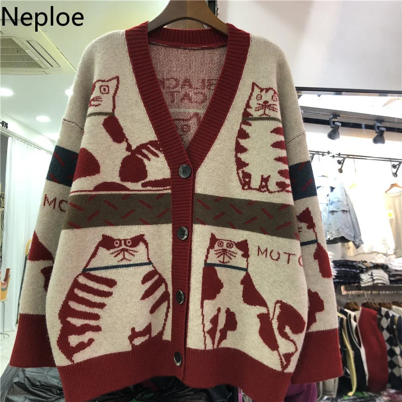 Neploe jesień 2023 kobiet sweter odzież moda kot zwierząt sweter kobieta swetry typu oversize koreański swetry z dzianiny płaszcz Pull Femme