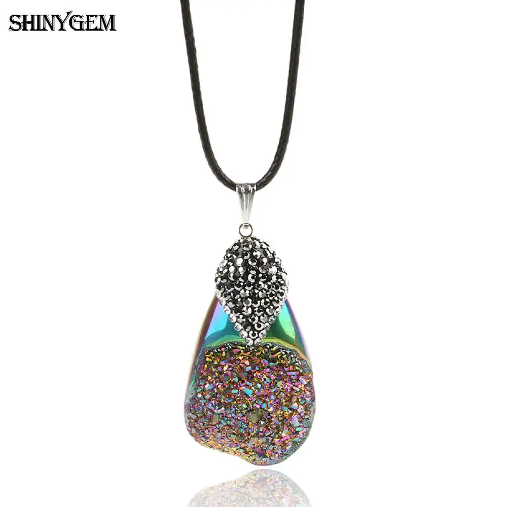 

Bohemian Rainbow Natural Geode Crystal Druzy Water Drops Pendant Micro Inlay Zircon Leather Rope Necklaces For Women Wedding