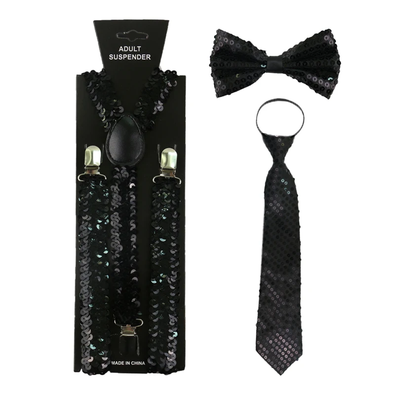 Fashion Small Sequin Gold Silver Suspenders Clip-on Elastic Y-Shape Back Braces Bowtie And Necktie Suspenders For Women Men