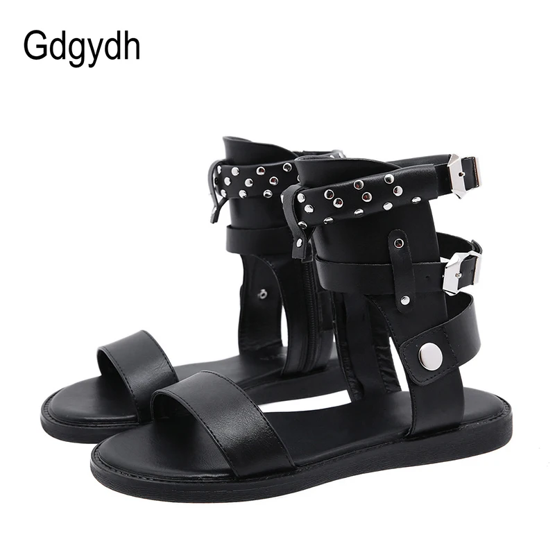 Gdgydh Metal Studded Summer Sandals Open Toe Black Flat Sandals Shoes Women Fashion Buckle Japanese Anime Cosplay Zipper Black